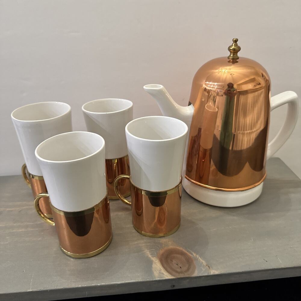 Baker Heart & Stuart Vintage Ceramic Tea Pot with Copper Cozy and 4 Mugs - Picture 1 of 14